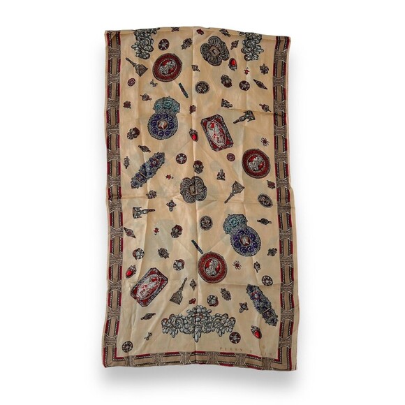 Antique Luxury Design Light Brown & Red Wine Rectangular Scarf 62” X 16” Unisex - Picture 2 of 8